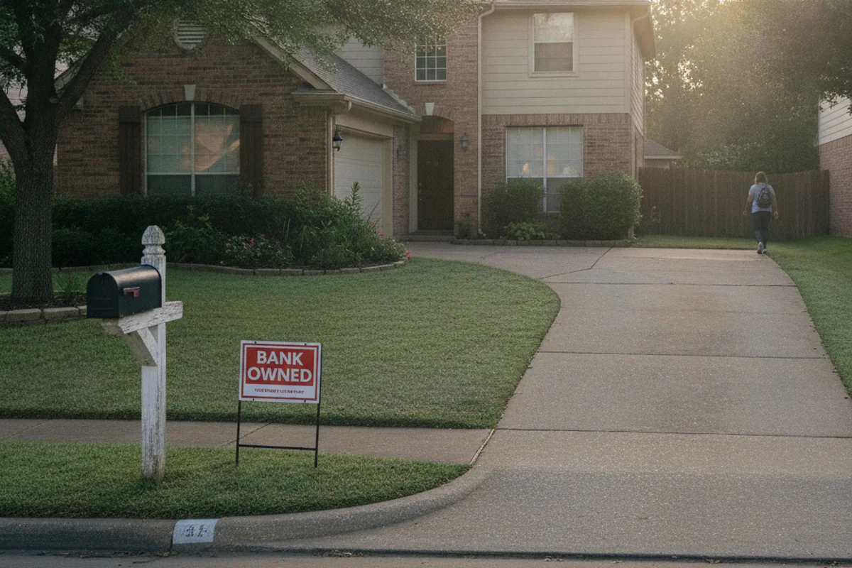 Stressed Houston homeowner reviewing foreclosure paperwork at kitchen table in Texas