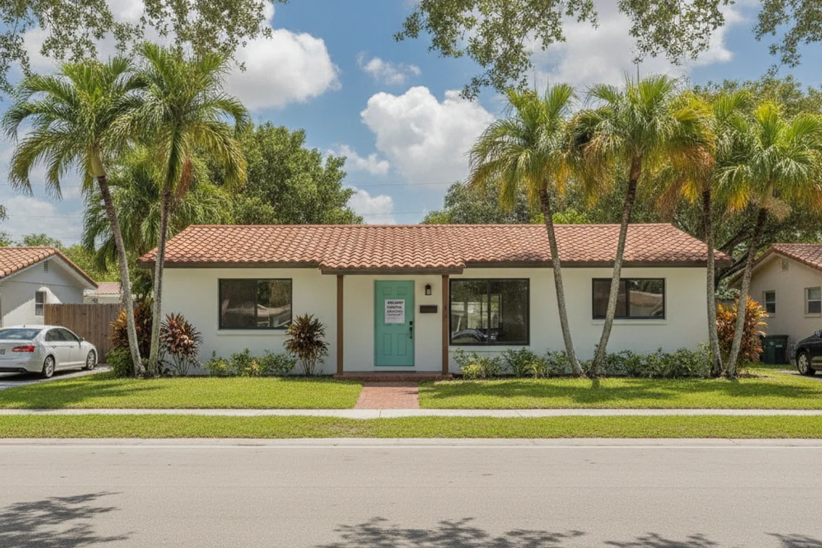 Miami neighborhood home with foreclosure notice on door, Florida sunrise in background