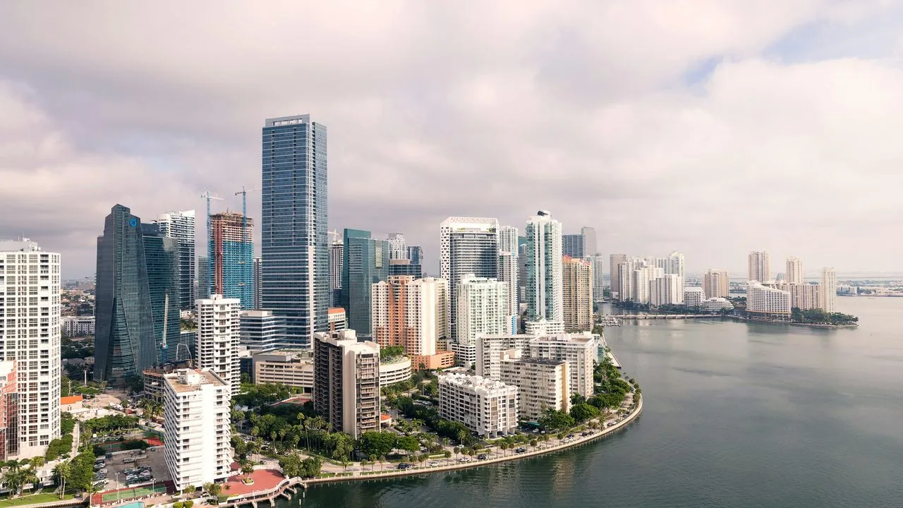 Aerial view of downtown Miami and Brickell, Florida, with high-rise towers along Biscayne Bay