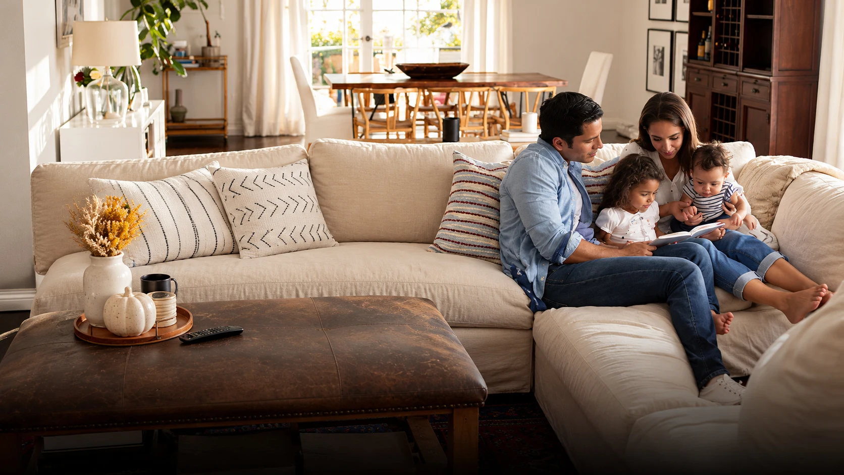A family reading a picture book together on a cream sectional sofa in a sunlit living room