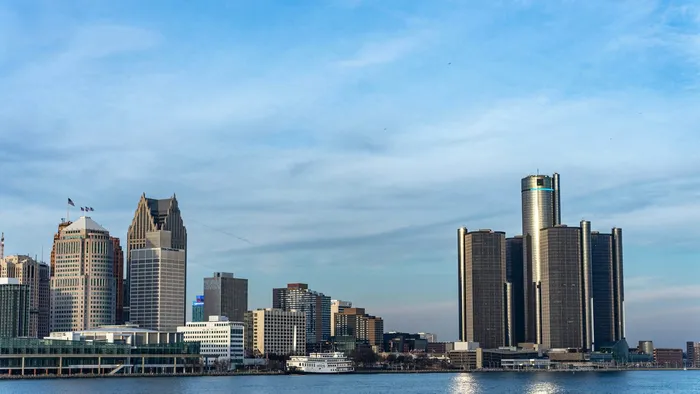 The downtown Detroit, Michigan skyline, including the Renaissance Center, across the Detroit River