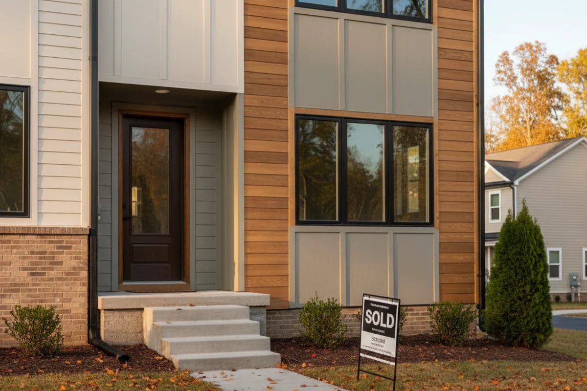 Modern Fayetteville North Carolina home with for sale sign during divorce proceedings