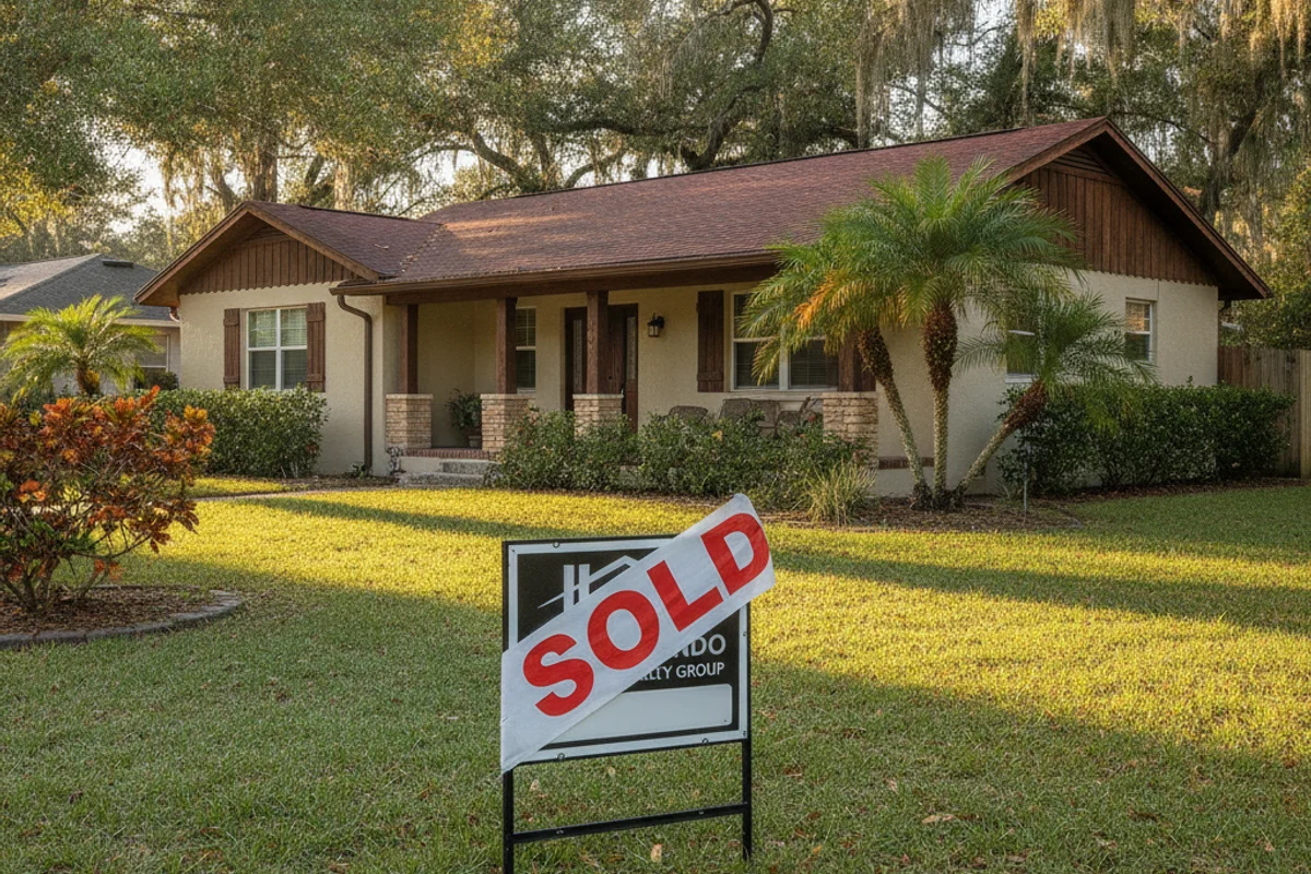 Orlando Florida neighborhood street with homes for sale sign in sunshine