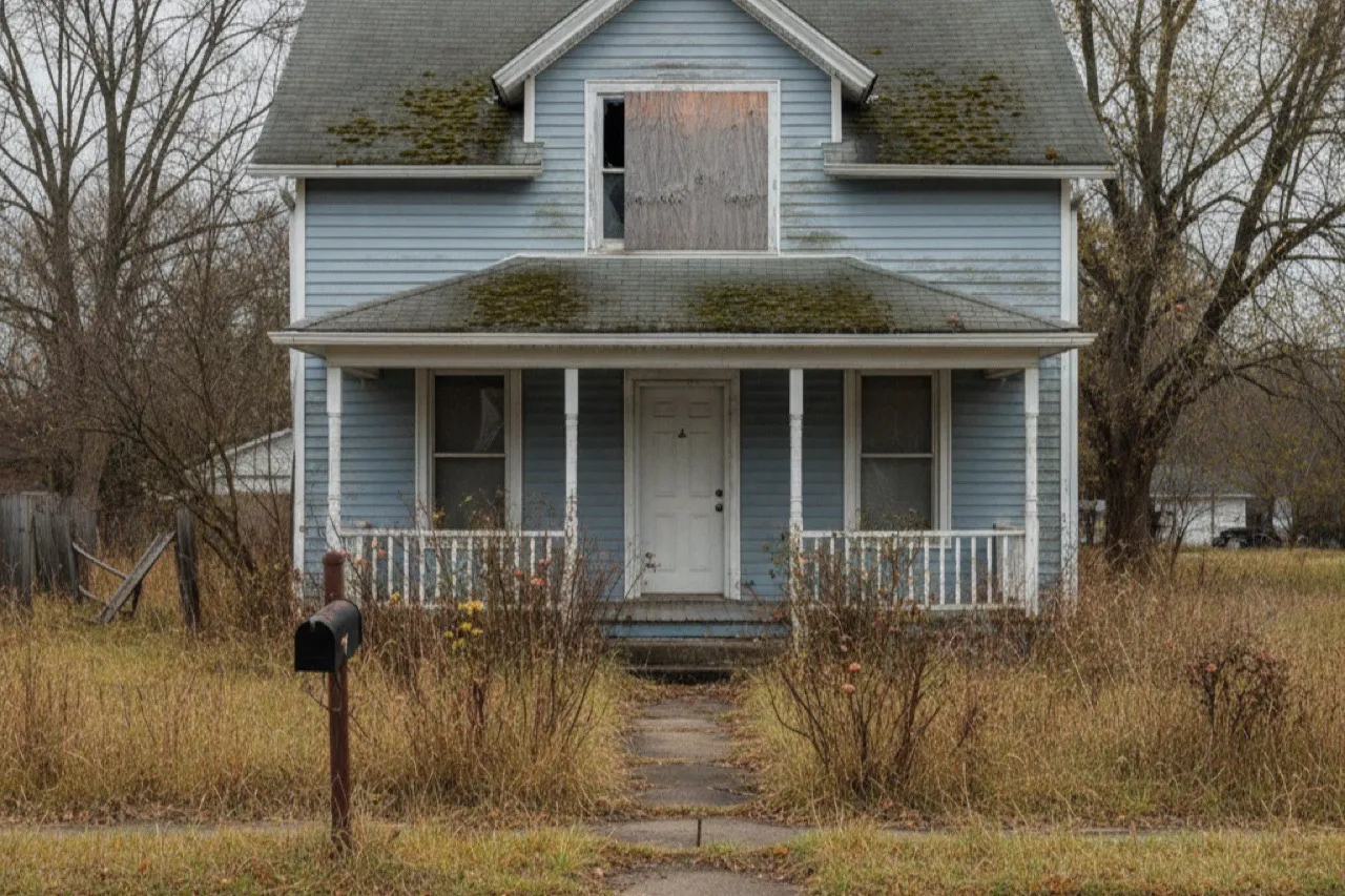 A vacant, boarded-up single-family house with peeling paint and an overgrown front yard on an overcast day