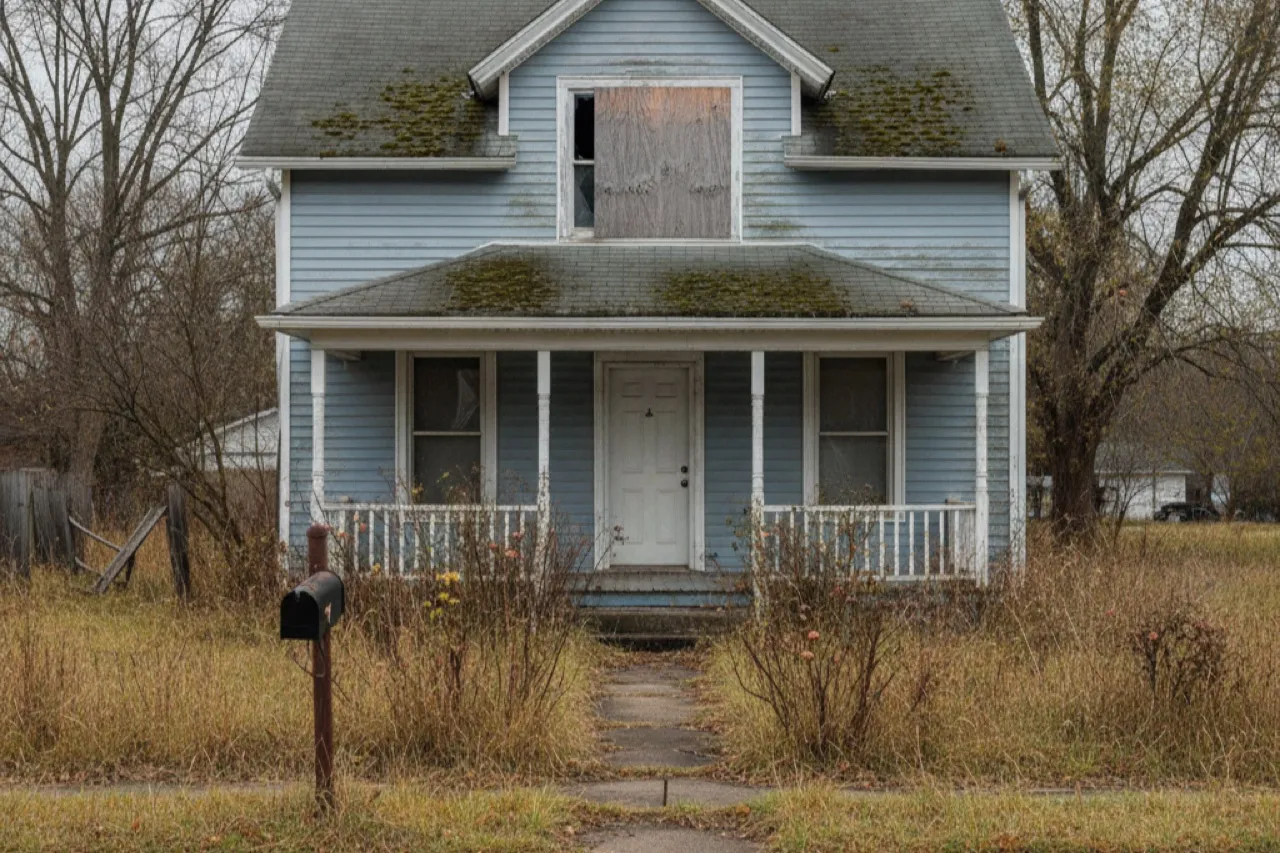 A vacant, boarded-up single-family house with peeling paint and an overgrown front yard on an overcast day